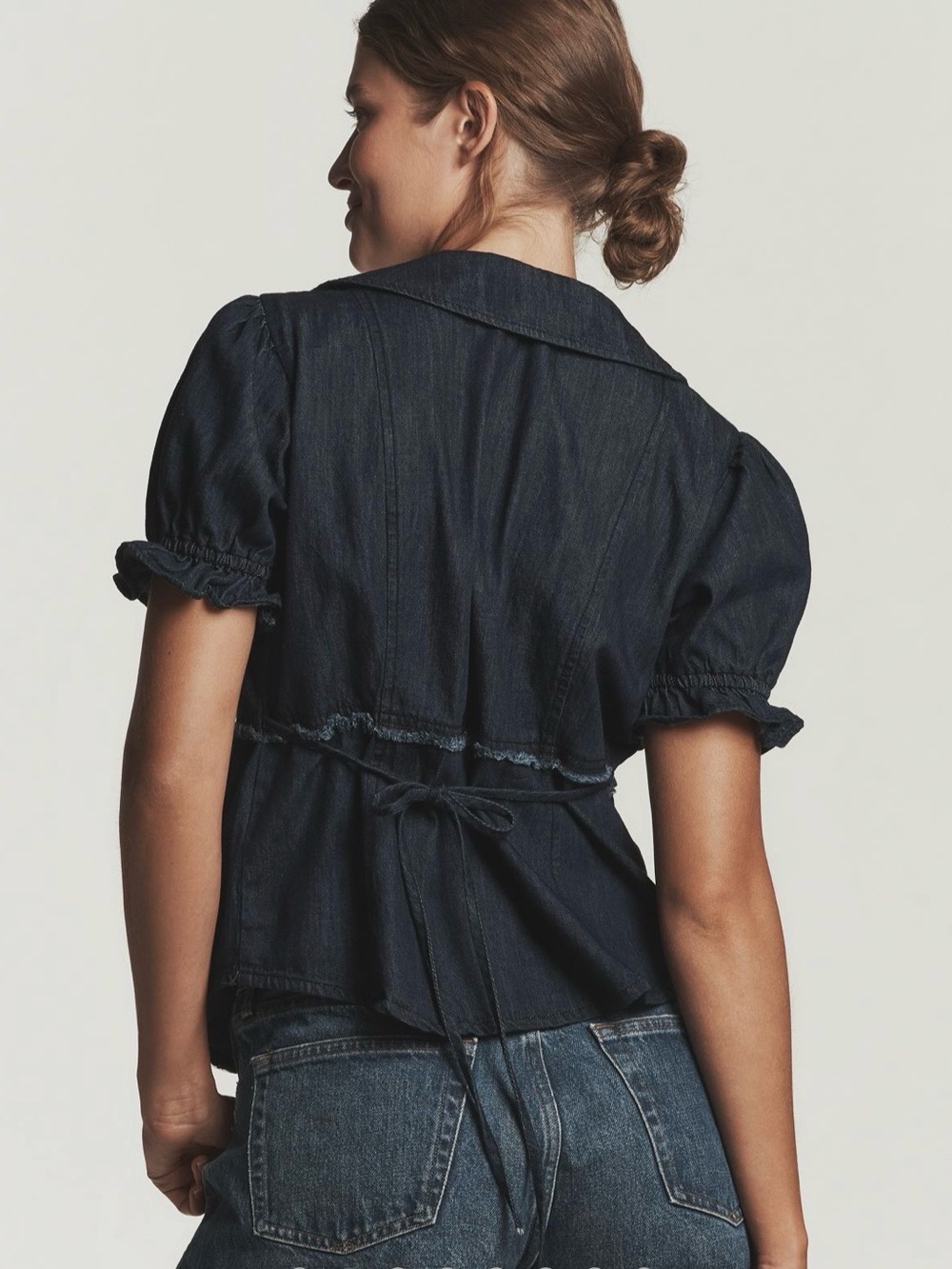 Anthropologie Dark Denim Ruffled Button-Front Blouse - Picture 2 of 6